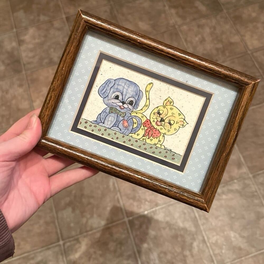 Puppy & Kitten Framed Vintage Illustration Home Decor